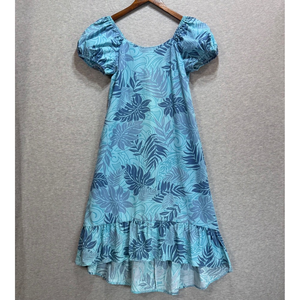 Me-Too Tropical Floral Dress Womens S Blue Puff Sleeve High-Low Muu Muu Hawaii